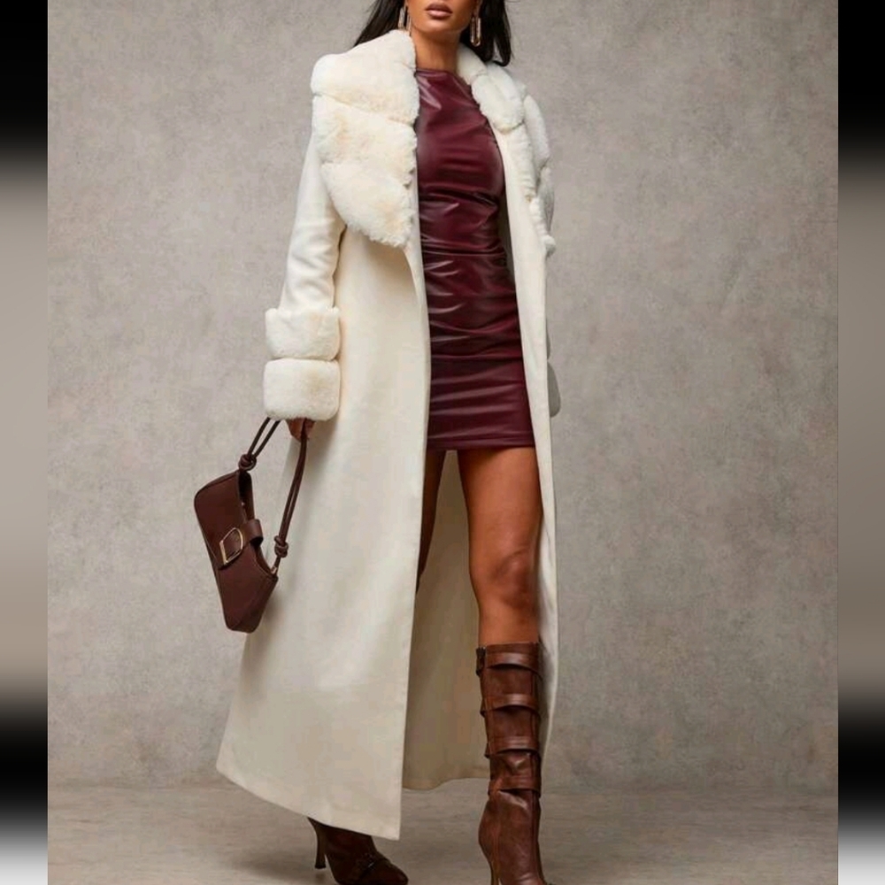 Women's Solid Color Faux Fur Shawl Collar Long Sleeve Long Elegan Coat